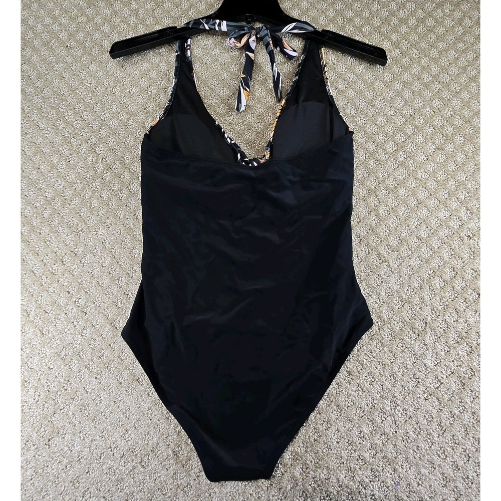 One Piece Swimsuit Tropical Floral Halter Tie Front Black Size Large - Picture 4 of 10